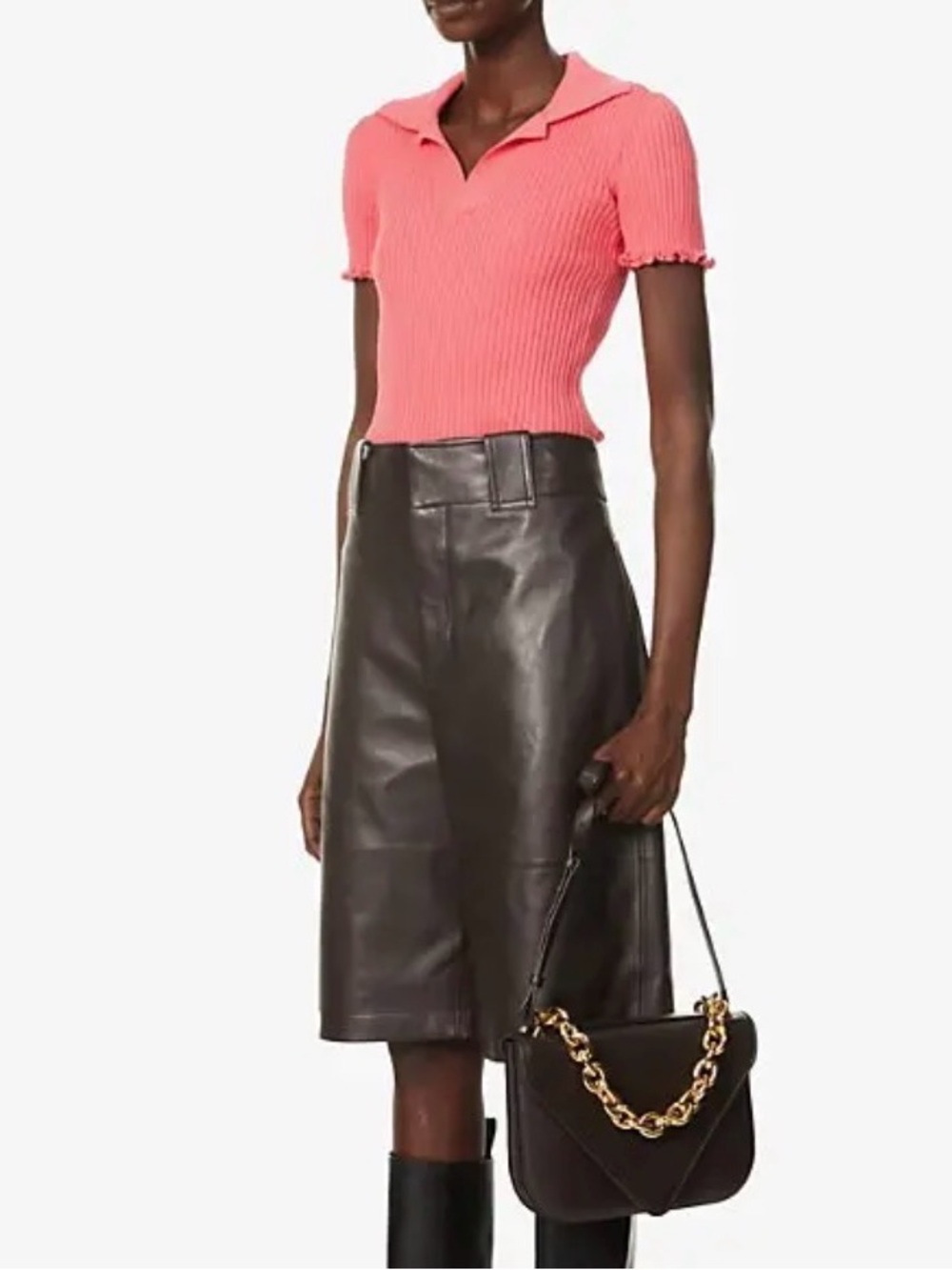 Bottega Veneta Ribbed Collared Short-Sleeve Top in Coral Pink